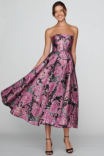 Mac Duggal Floral Brocade Strapless Midi Dress