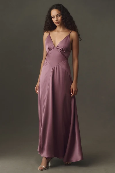 BHLDN Satin Bias-Cut V-Neck Maxi Dress