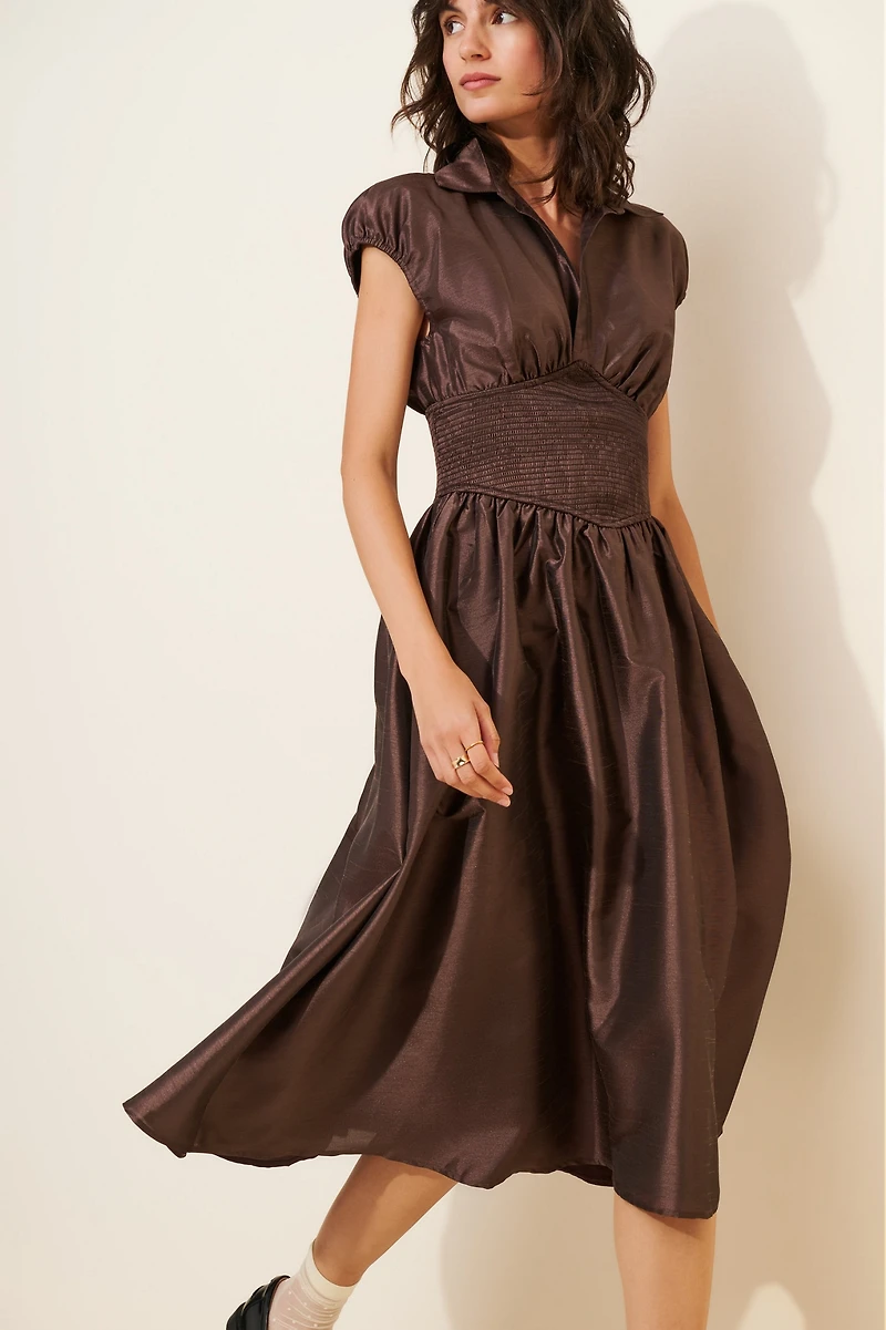 Hutch Drop-Waist Short-Sleeve Iridescent Midi Dress