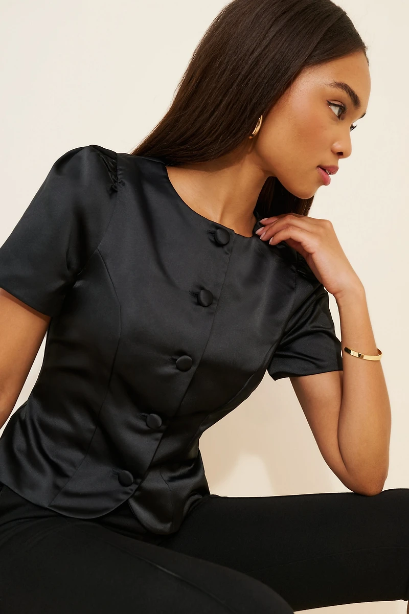 French Connection Jaxon Satin Puff-Sleeve Top