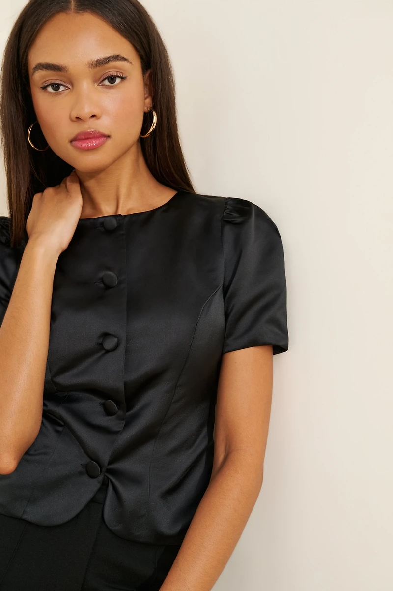 French Connection Jaxon Satin Puff-Sleeve Top