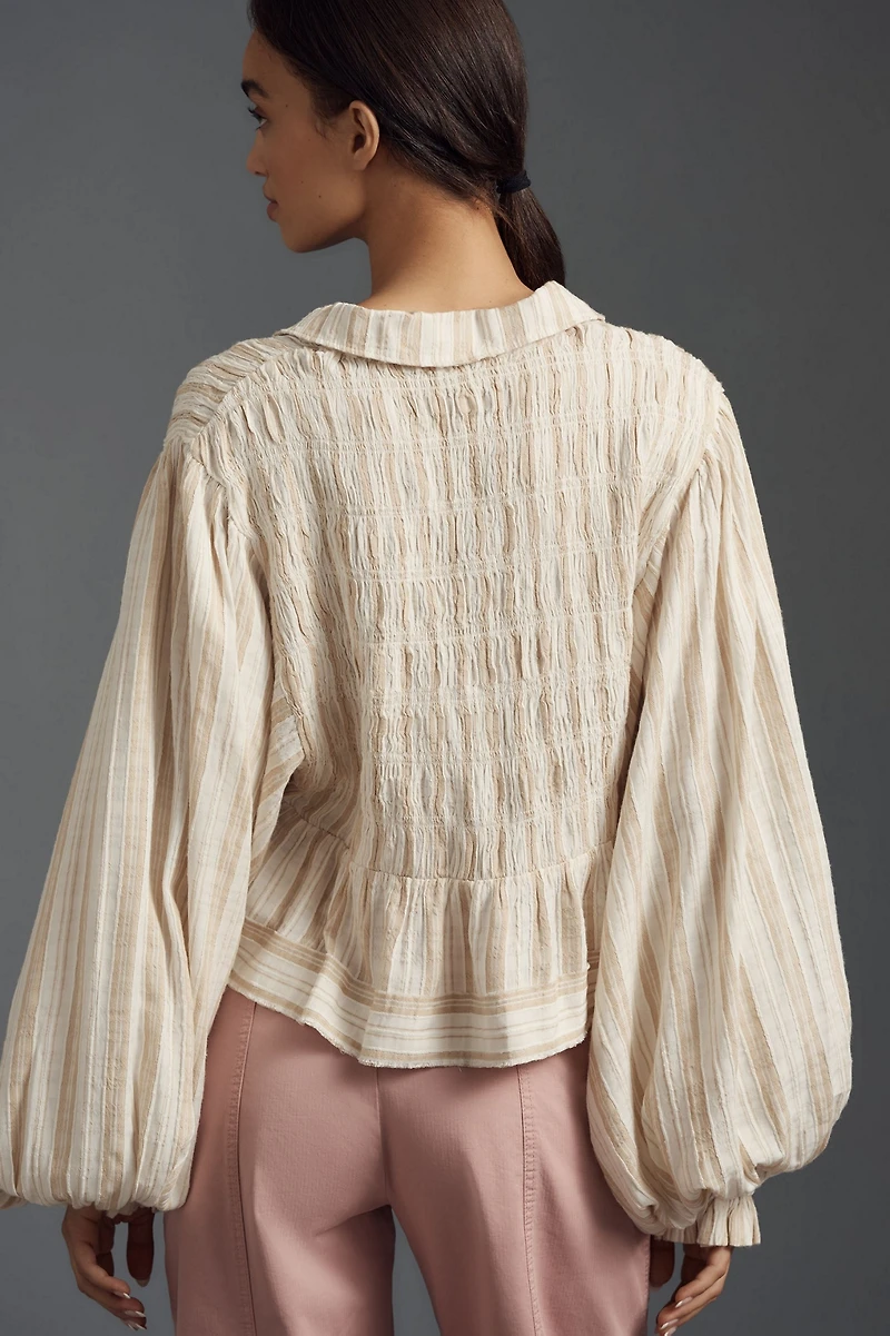 Balloon-Sleeve Scoop-Neck Collared Blouse