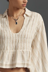 Balloon-Sleeve Scoop-Neck Collared Blouse