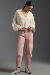 Balloon-Sleeve Scoop-Neck Collared Blouse