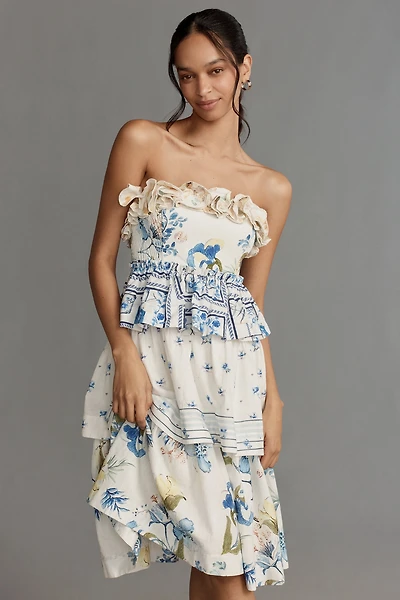 Maeve Linen Blend Strapless Ruffle Tiered Knee-Length Dress