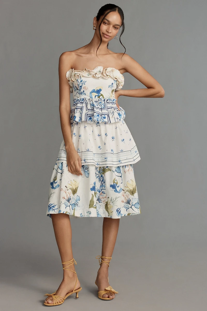 Maeve Linen Blend Strapless Ruffle Tiered Knee-Length Dress