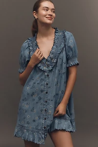 Pilcro Puff-Sleeve Ruffled V-Neck Swing Mini Dress