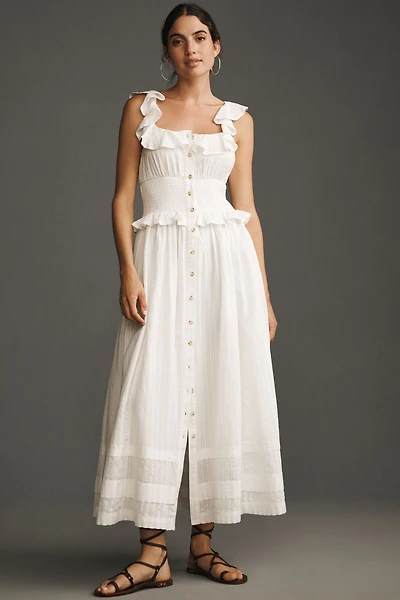Pilcro Ruffled Smocked-Waist Button-Front Midi Dress