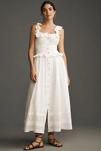 Pilcro Ruffled Smocked-Waist Button-Front Midi Dress