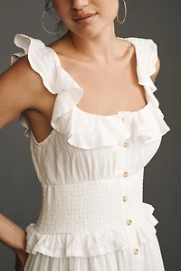 Pilcro Ruffled Smocked-Waist Button-Front Midi Dress