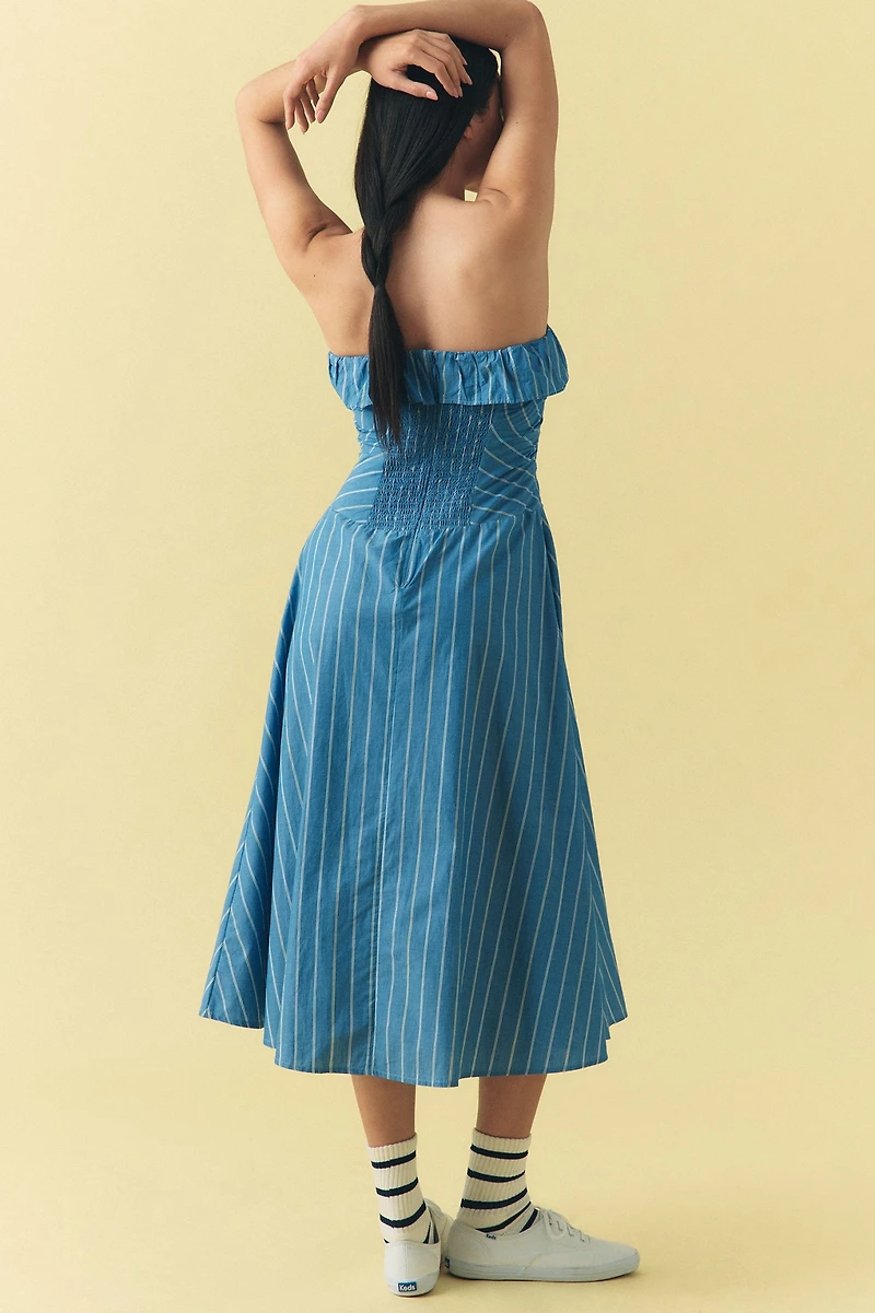 Strapless Rosette Asymmetrical Drop-Waist Midi Dress