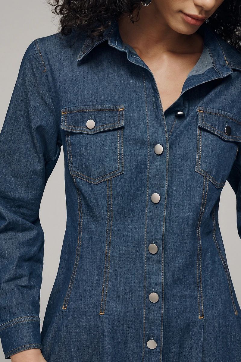 Exquise Long-Sleeve Waisted Denim Shirt Dress