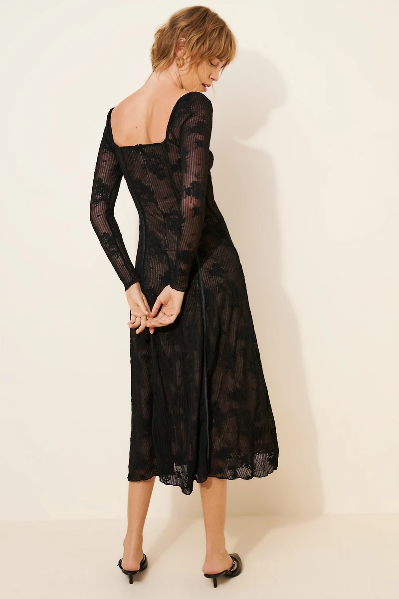 Moon River Long Sleeve Sheer Corset Midi Dress