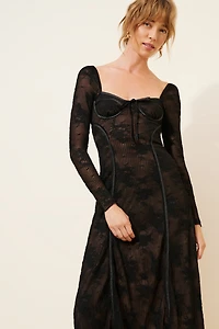 Moon River Long Sleeve Sheer Corset Midi Dress