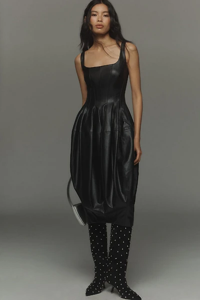 Sleeveless Square-Neck Faux-Leather Midi Dress