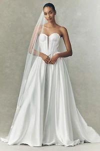 Watters Carina Strapless Plunged Basque-Waist Fit & Flare Satin Wedding Gown