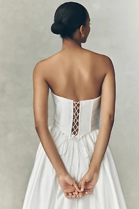 Watters Carina Strapless Plunged Basque-Waist Fit & Flare Satin Wedding Gown