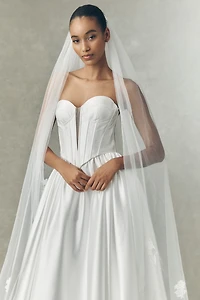 Watters Carina Strapless Plunged Basque-Waist Fit & Flare Satin Wedding Gown