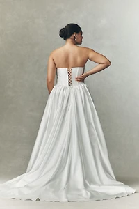 Watters Carina Strapless Plunged Basque-Waist Fit & Flare Satin Wedding Gown