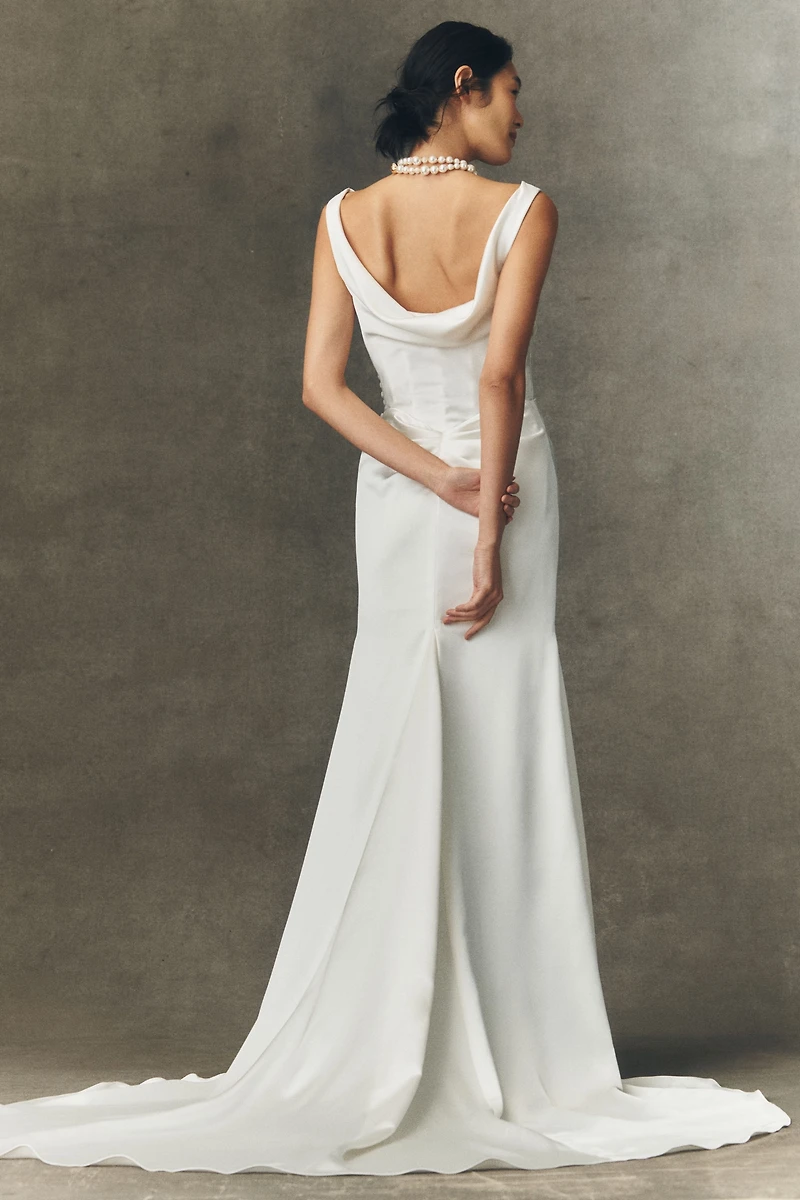 Watters Amaryliss Cowled Satin Column Wedding Gown