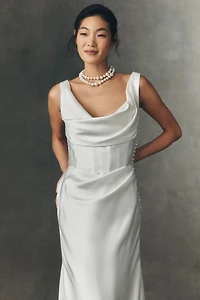 Watters Amaryliss Cowled Satin Column Wedding Gown