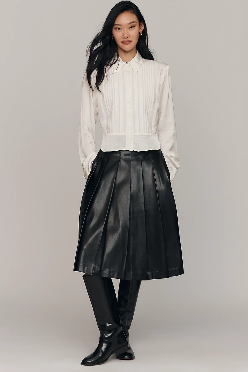 Maeve Silky Long-Sleeve Pleated Blouse