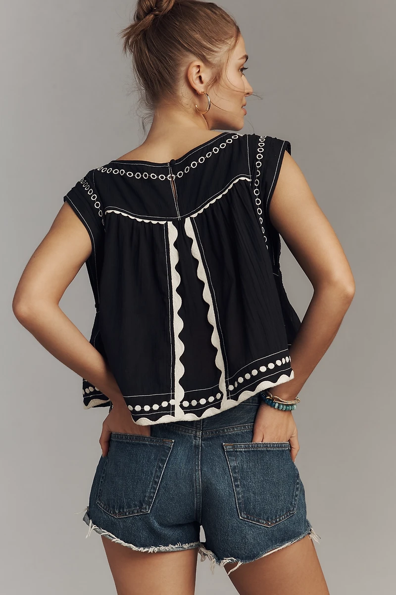 By Anthropologie Embellished Graphic Babydoll Top