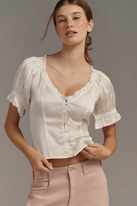 By Anthropologie Puff-Sleeve Ruffle Buttondown Top