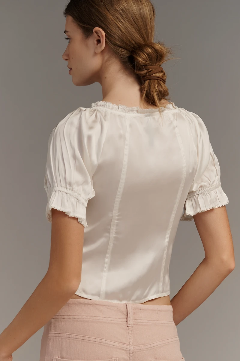 By Anthropologie Puff-Sleeve Ruffle Buttondown Top