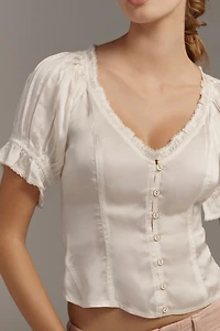 By Anthropologie Puff-Sleeve Ruffle Buttondown Top