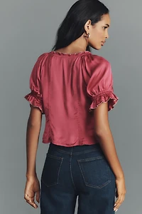 By Anthropologie Puff-Sleeve Ruffle Buttondown Top