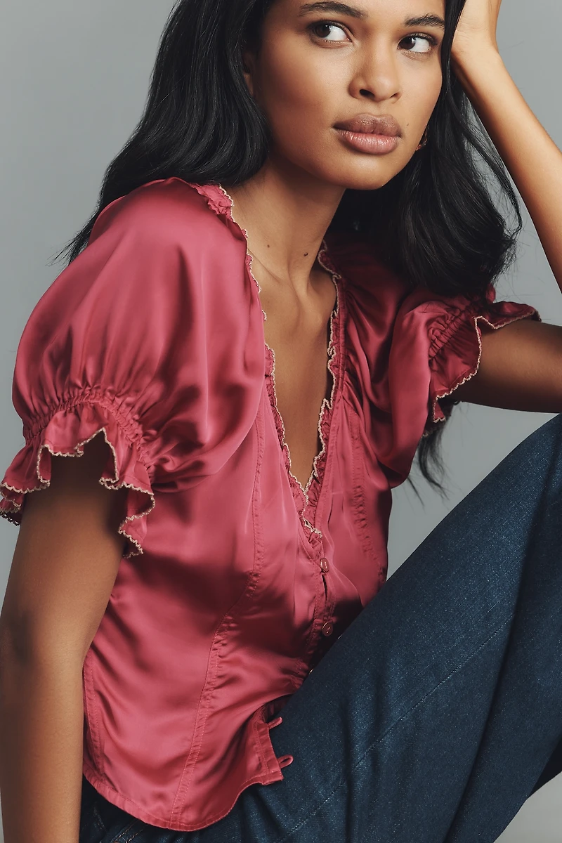 By Anthropologie Puff-Sleeve Ruffle Buttondown Top