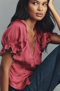 By Anthropologie Puff-Sleeve Ruffle Buttondown Top
