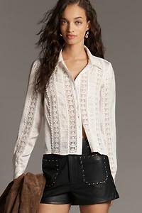 By Anthropologie Lace Mix Buttondown Blouse