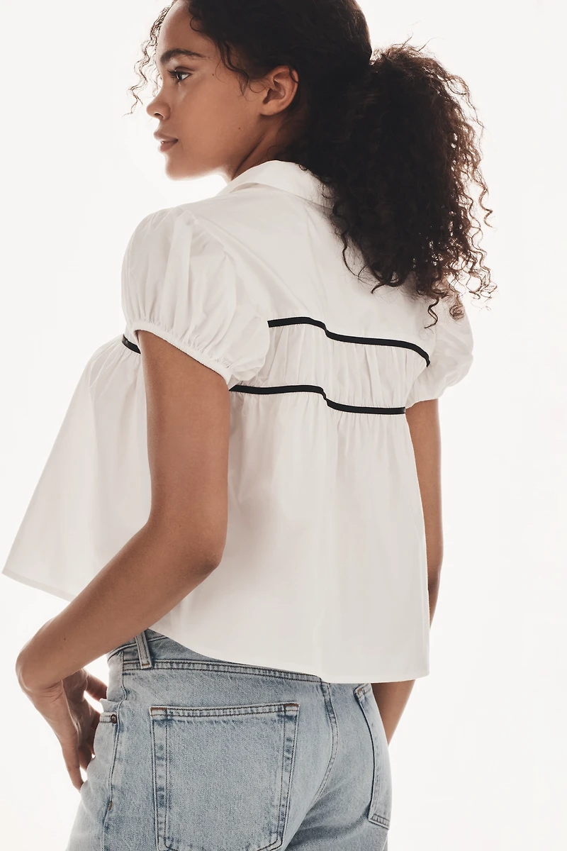 The Leandra Cap-Sleeve Shirred Yoke Blouse by Maeve