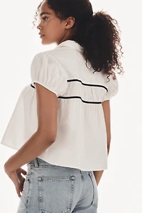 The Leandra Cap-Sleeve Shirred Yoke Blouse by Maeve