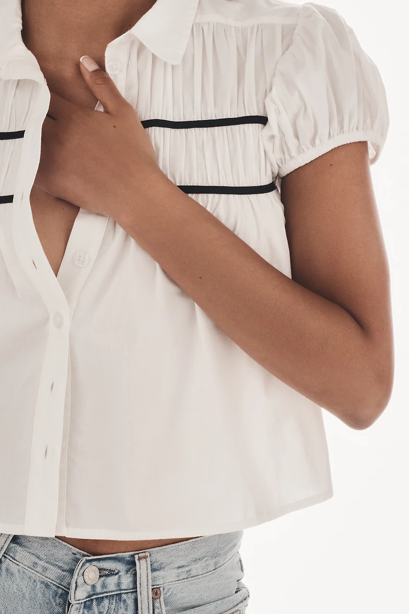 The Leandra Cap-Sleeve Shirred Yoke Blouse by Maeve
