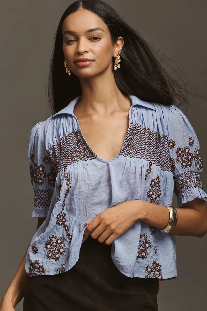By Anthropologie Short-Sleeve Embroidered Swing Top