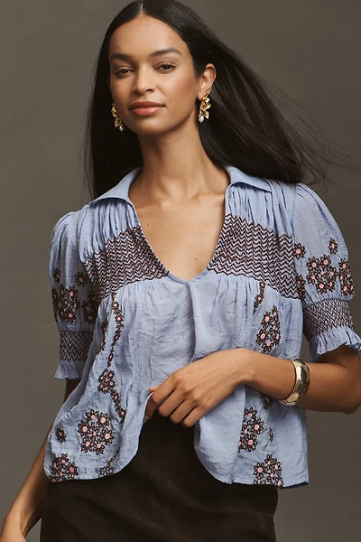 By Anthropologie Short-Sleeve Embroidered Swing Top