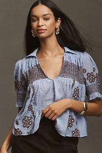 By Anthropologie Short-Sleeve Embroidered Swing Top