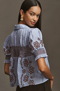 By Anthropologie Short-Sleeve Embroidered Swing Top