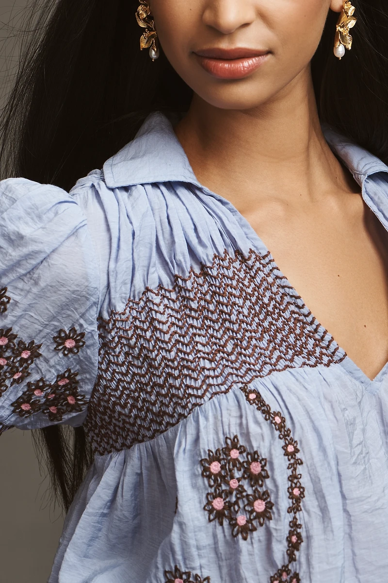 By Anthropologie Short-Sleeve Embroidered Swing Top