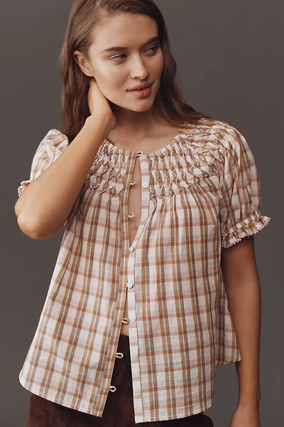By Anthropologie Short-Sleeve Smocked Top