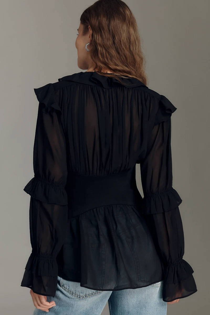 By Anthropologie Long-Sleeve Sheer Corset Blouse