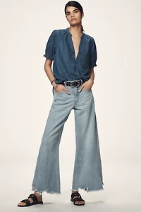 The Aly Denim Puff-Sleeve Blouse by Pilcro