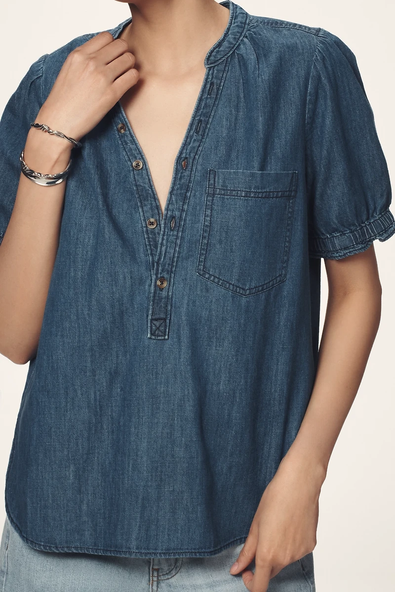 The Aly Denim Puff-Sleeve Blouse by Pilcro