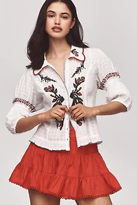Pilcro Puff-Sleeve Embroidered Collared Blouse