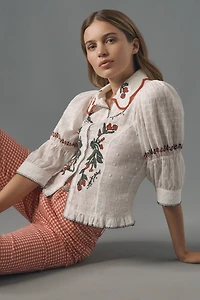 Pilcro Puff-Sleeve Embroidered Collared Blouse