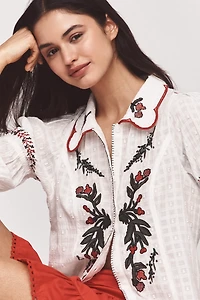 Pilcro Puff-Sleeve Embroidered Collared Blouse