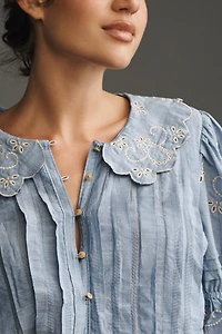 Maeve Short-Sleeve Collared Pleated Blouse